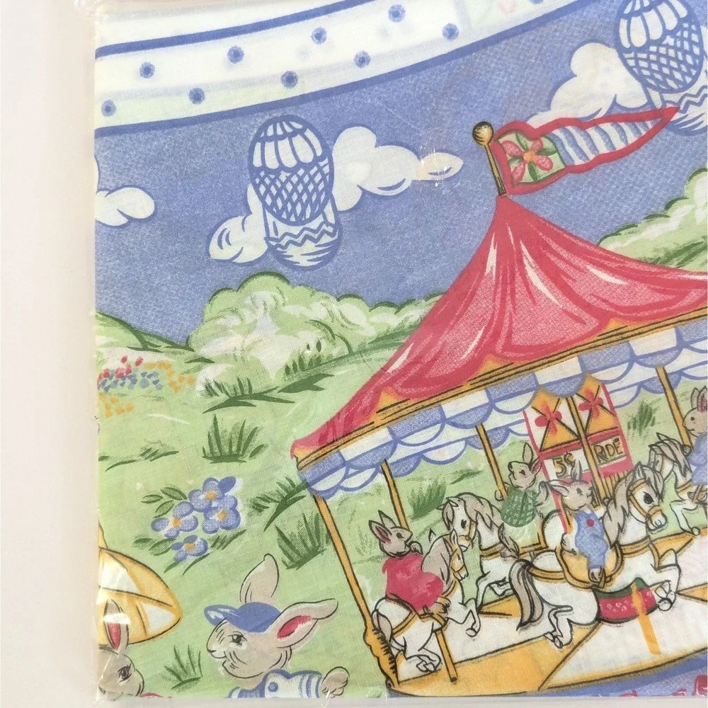 Vtg Easter Tablecloth Carousel Eggs Bunny Merry-Go-Round 70